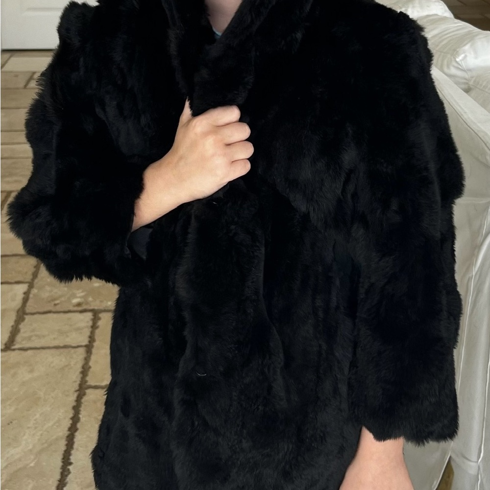 Mini Mackenzie hooded black rabbit fur jacket for kids